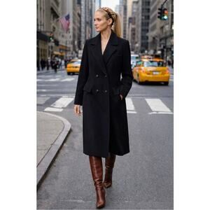 R Henning Black Wool Long Coat Womens Small Vintage USA Tailored Overcoat